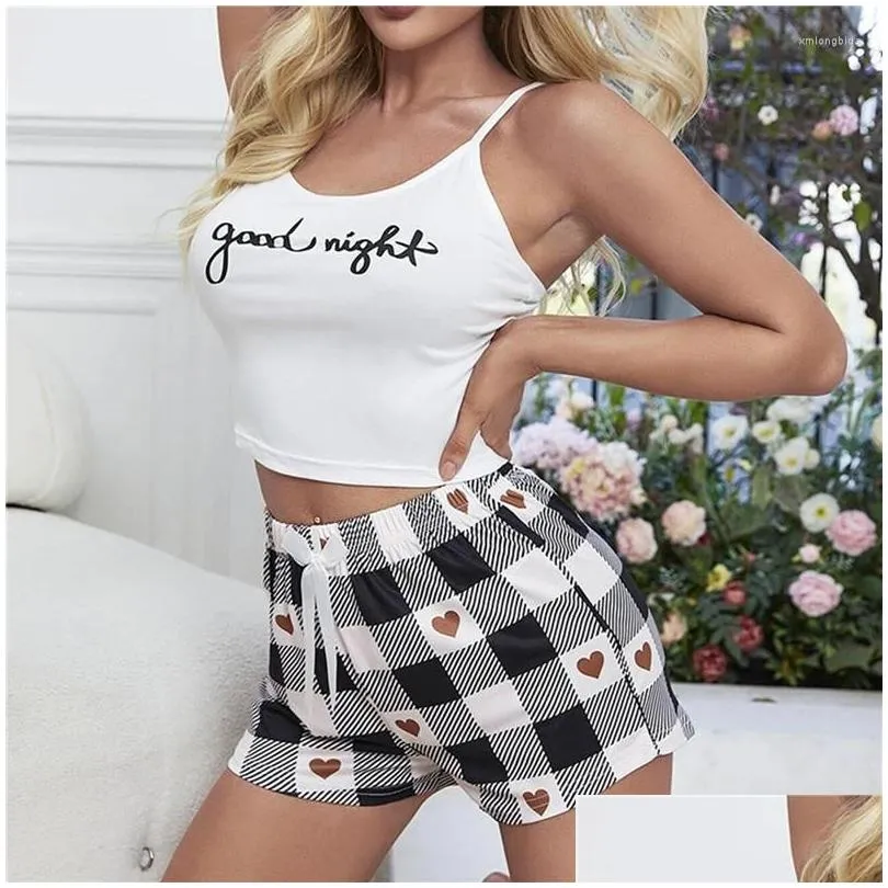Women`S Sleepwear Womens Sleepwear 2Pcs Pajamas Set Sling Top Shorts Suit Summer Letter Print Pijama Y Lingerie Camisoles Tanks Night Dhptd