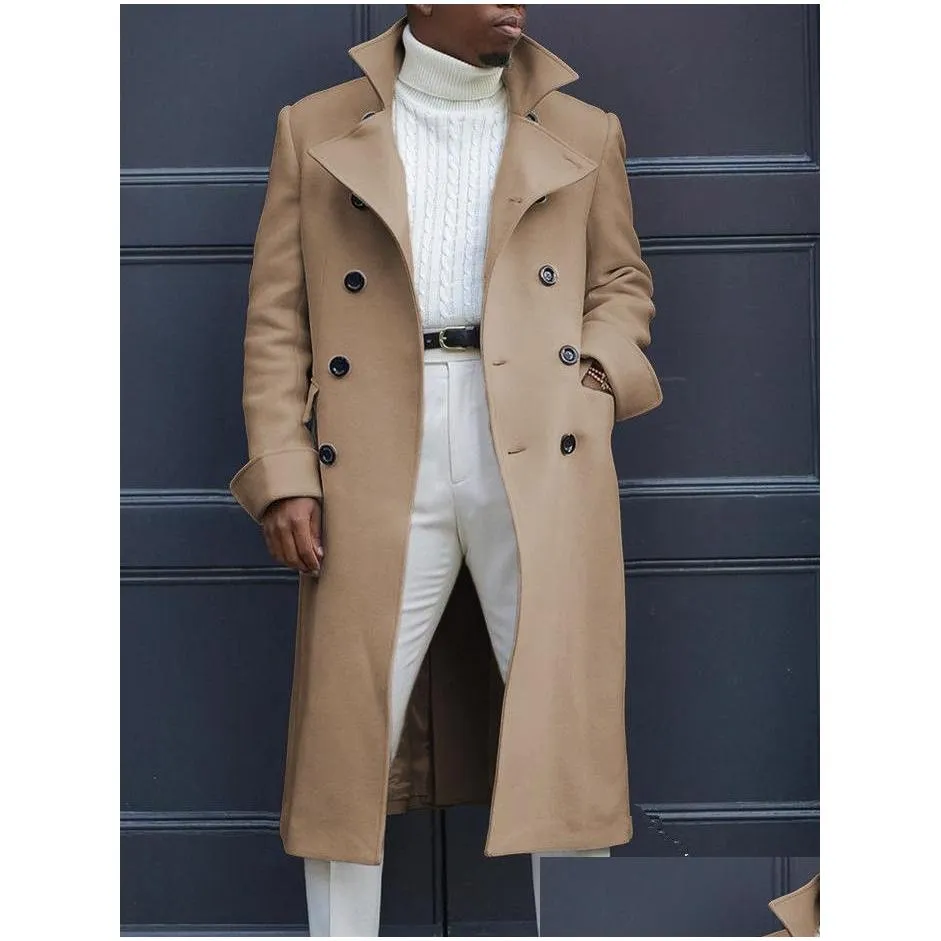 Men`S Trench Coats Mens Notch Lapel Coats Double Breasted Long Trench Coat Casual Cotton Blend Peacoat Fashion Autumn Winter Drop Deli Dhplg