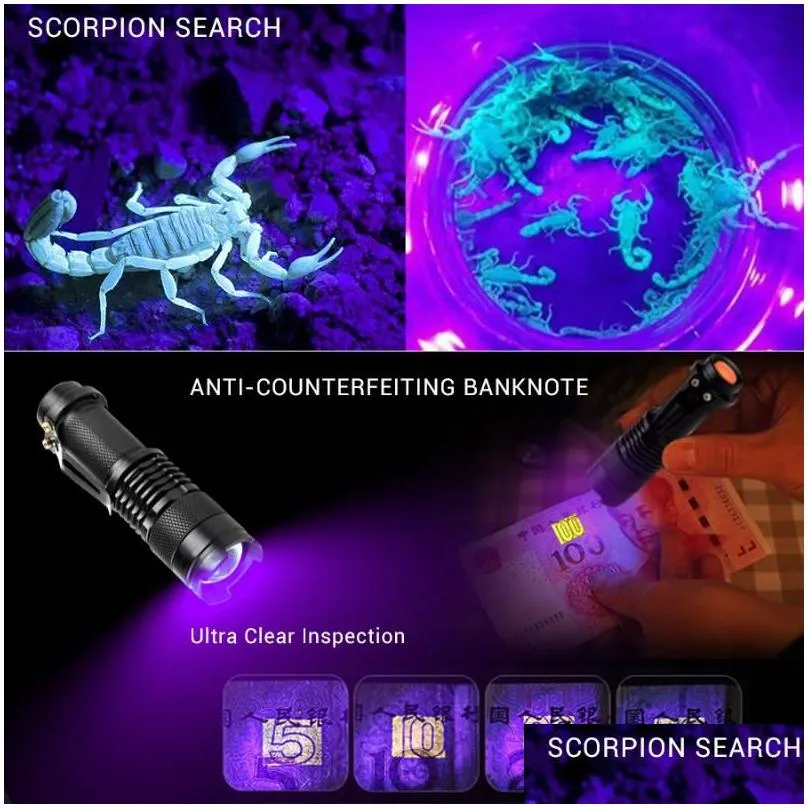 Flashlights Torches Uv 395Nm 365Nm Led Traviolet Torch Zoomable Mini Linterna Light Pet Urine Stains Detector Scorpion Hunting Drop D Dhsbu