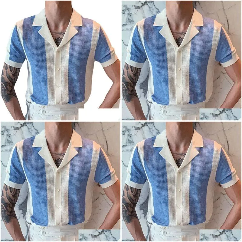Men`S T-Shirts Mens T-Shirts Summer Men Turn-Down Collar Shirt Work Buttons Ribbing Short Sleeve Breathable Knitted Streetwear For Mal Dhigu