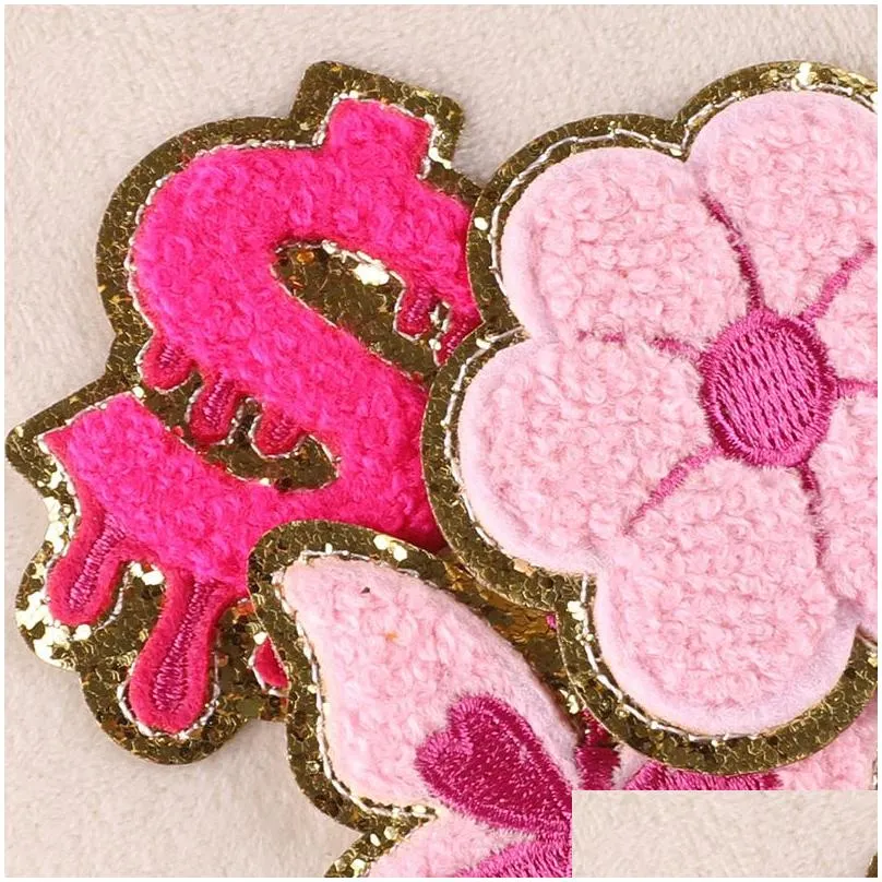 Sewing Notions & Tools Notions Iron On Es Pink Face Butterfly Letter Cute Chenille Embroidered Decorative Appliques Sticker For Cloth Dhlwu