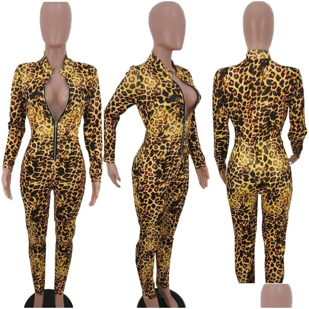 Women`S Jumpsuits & Rompers Haoyuan Leopard Bodycon Jumpsuits Fashion Clother One Piece Outfit Y Costumes Long Sleeve Body Overall Ro Dhclm
