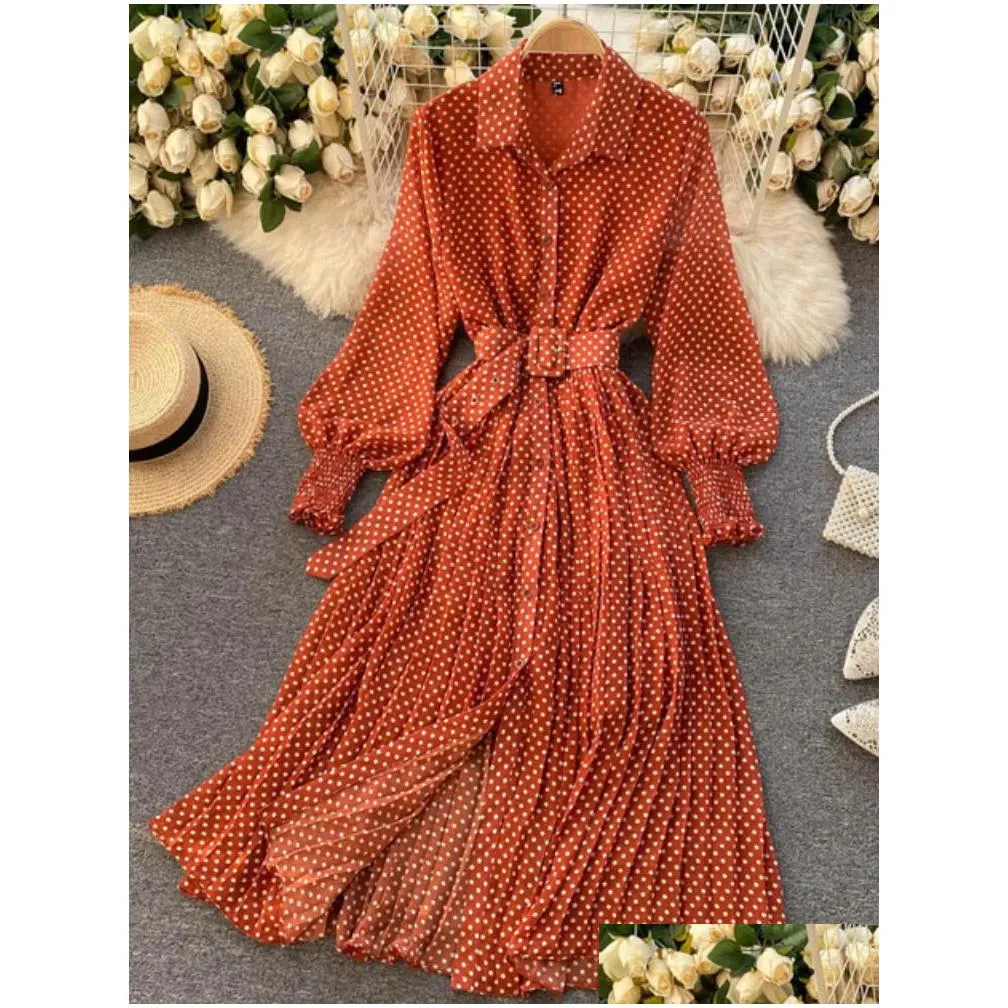 Basic & Casual Dresses Spring And Summer French Vintage Maxi Dress Sundress Ladies Long Sleeve Orange Polka Dot Chiffon Pleated Dress Dhk9X