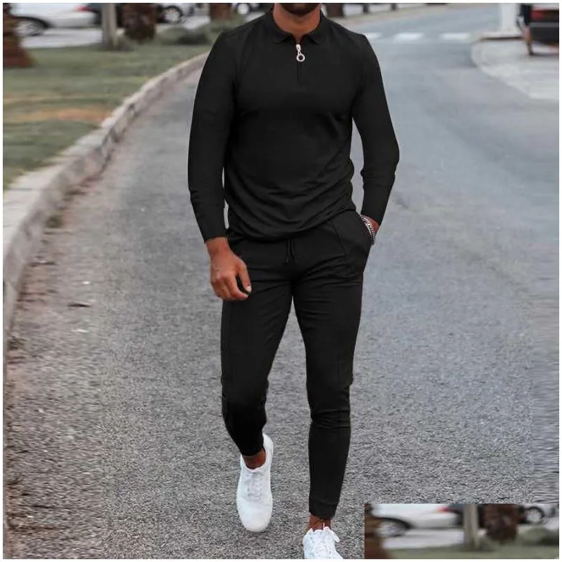 Men`S Tracksuits Mens Tracksuits Autumn Slim Men Set Casual Sportswear Long Sleeve Shirt Pants Two Pieces Sets Solid Male Tracksuit J Dh4Or