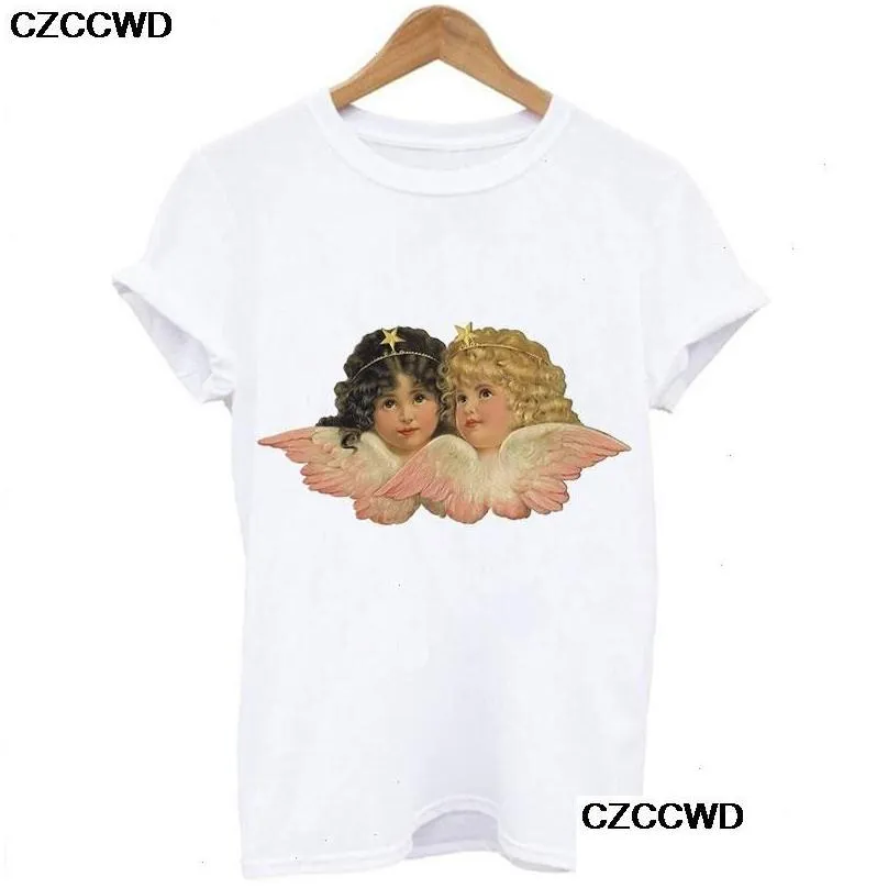 Women`S T-Shirt Cute Angel Baby Korean T Shirt T-Shirts Clothing Women Oversized Fiorucci Letter Print Fun Harajuku O-Neck Loose Tops Dhous