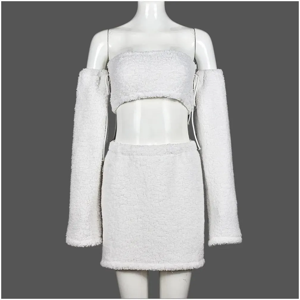 Two Piece Dress P Two Piece Dress Women Long Sleeve Strapless Back Bandage Crop Top And Womens Skirt White Y Casual Streetwear Drop D Dhxwx