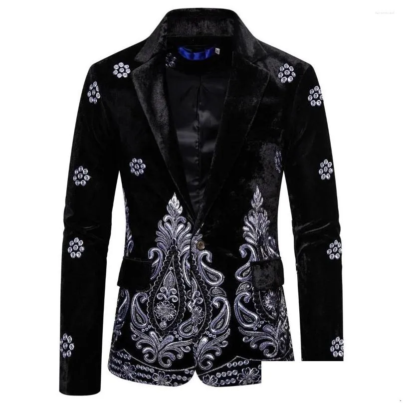 Men`S Suits & Blazers Mens Suits Stylish Black Punk Style Veet Embroidery Blazers Men Slim Fit Wedding Blazer Suit Jacket Stage Singe Dhotp