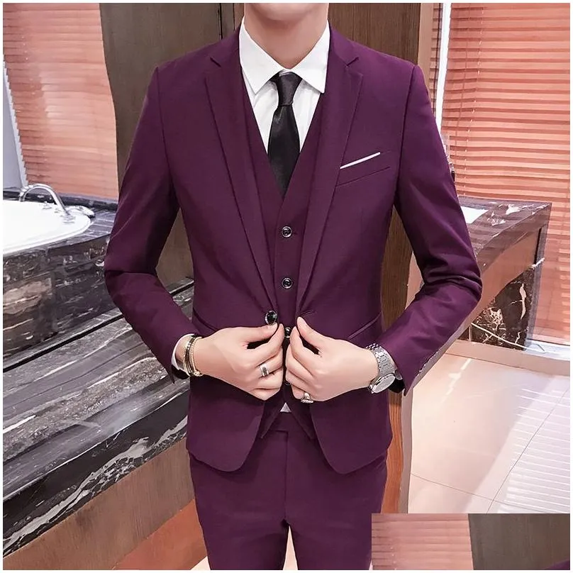 Men`S Suits & Blazers Jacket Pant Vest Men 3 Pieces Slim Fit Casual Tuxedo Suit / Male Suits Set Wedding Groom Dress Business Blazers Dhh47