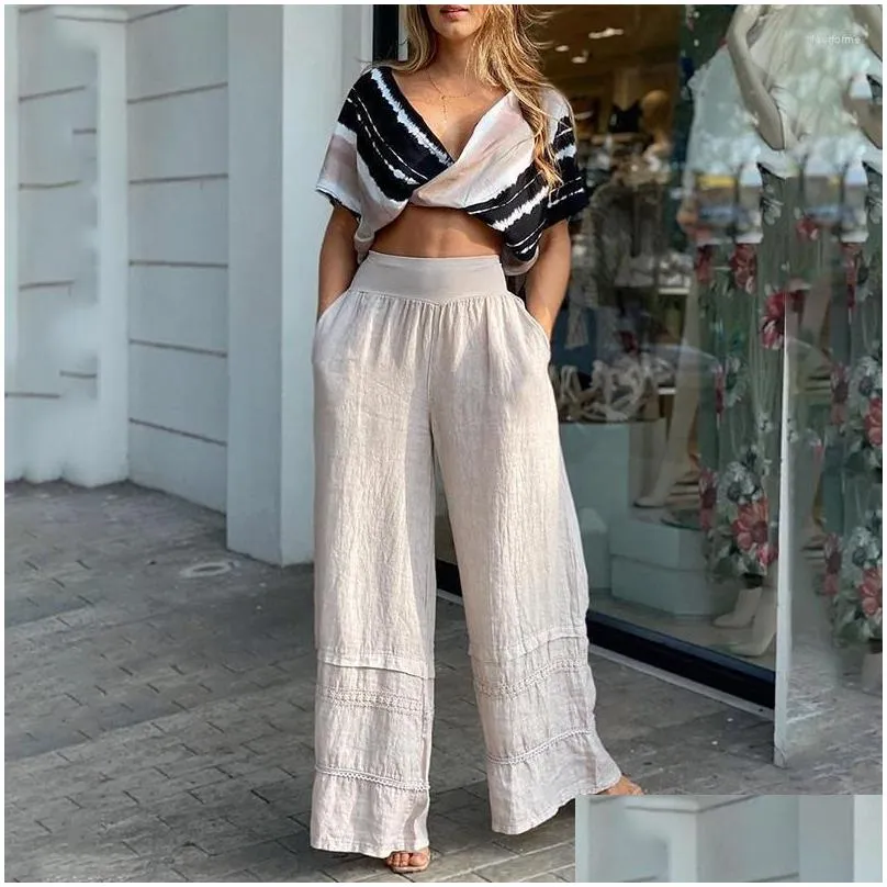 Women`S Pants & Capris Womens Pants Summer Two Piece Y Casual V-Neck Short Top Straight Waist Loose Set For Women Joggers Clothes Y2K Dhxik