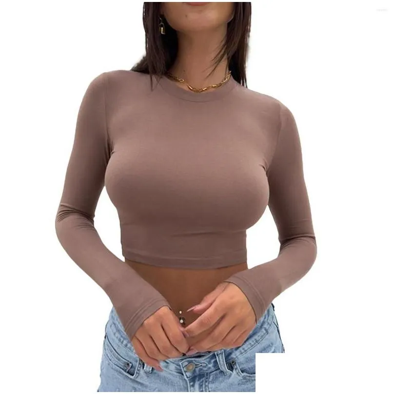 Women`S Tanks & Camis Womens Tanks Springcmy Women S Y2K Round Neck Skim Dupe Basic Crop Tops Long Sleeve Slim Fit Baby Tees Summer Bl Dhkte