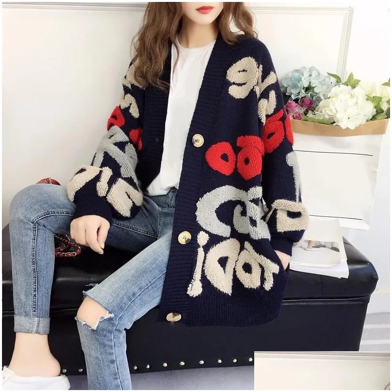 Women`S Sweaters Women Cardigan Letter Pattern Knitted Sweater Korean Street Style Loose Ladies Jacket Spring And Autumn Drop Deliver Dhyot