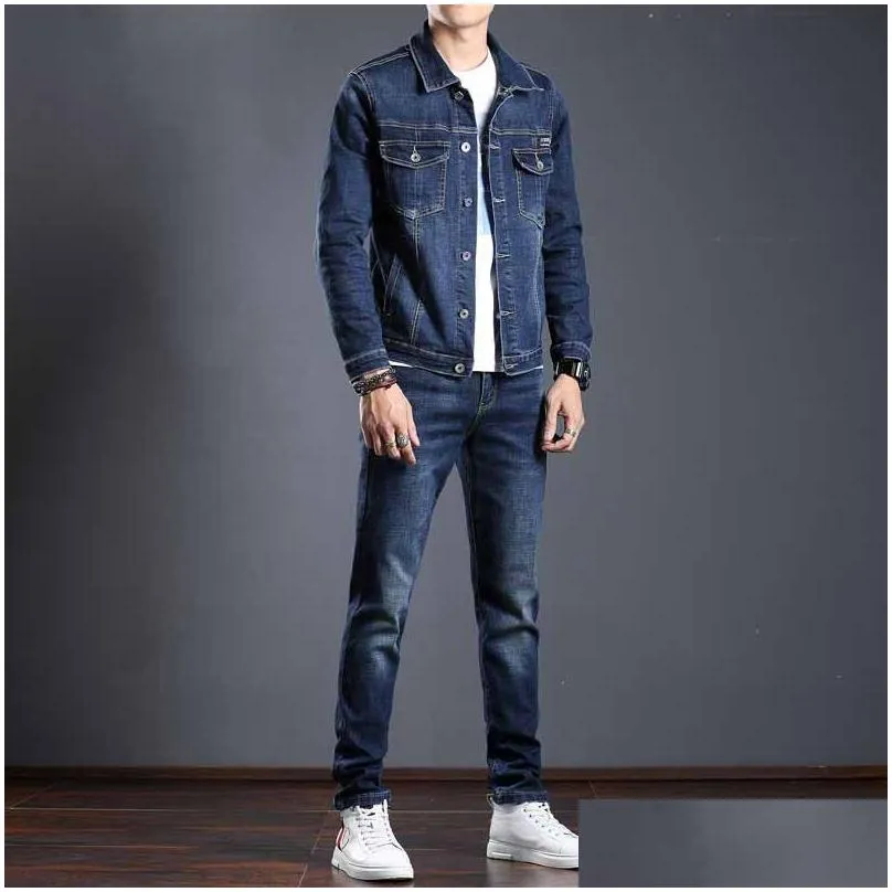 Men`S Tracksuits Smart Business Tracksuits Simple Blue Men Two-Piece Sets Spring Autumn Denim Jacket And Jeans Fashion Slim Trendy St Dhheb