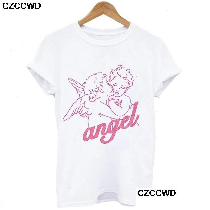 Women`S T-Shirt Cute Angel Baby Korean T Shirt T-Shirts Clothing Women Oversized Fiorucci Letter Print Fun Harajuku O-Neck Loose Tops Dhous