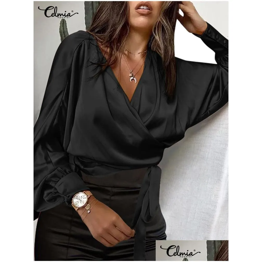 Women`S Blouses & Shirts Womens Blouses Shirts Celmia Women Satin Fashion Elegant Long Bat Sleeve Summer Cross V Neck Bandage Waisted Dhwif