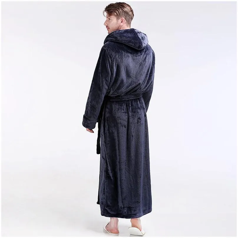 Men`S Sleepwear Men Women Winter Extra Long Hooded Thick Flannel Warm Bathrobe Mens Luxury Thermal Bath Robe Silk Soft Dressing Gown Dhdbs