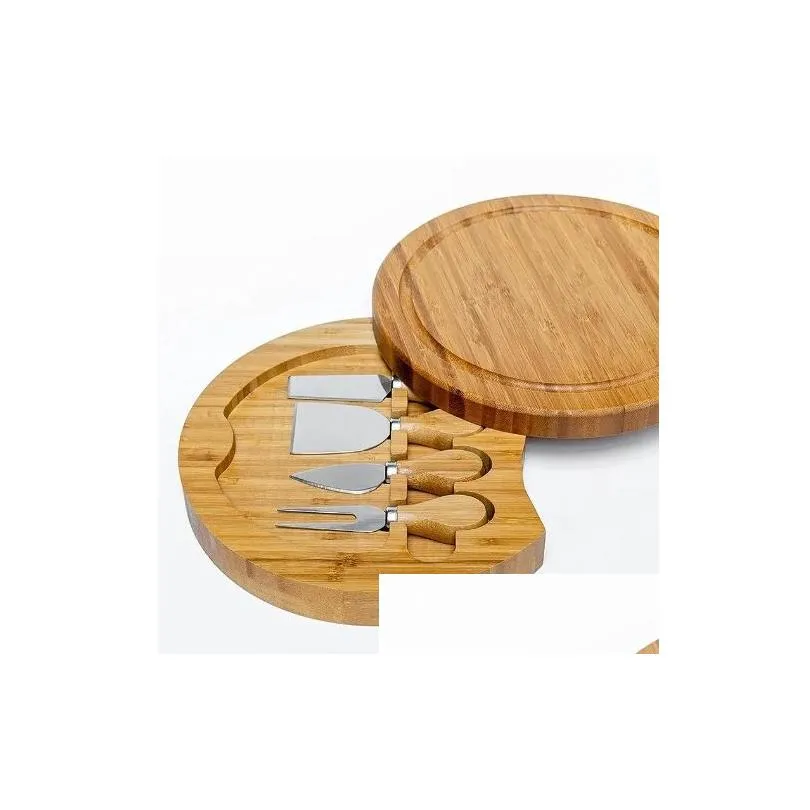 bamboo kitchen tools cheese board and knife set round charcuterie boards swivel meat platter holiday housewarming gift wholesale 522q