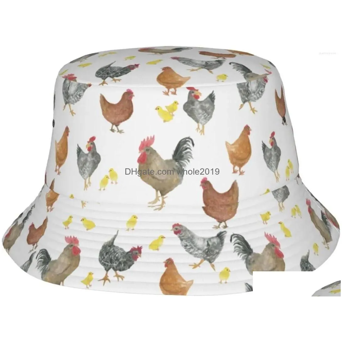 Berets Rooster Hat For Women Men Funny Bucket Hats Summer Fisherman Cap Travel Beach Packable Sun Adts Drop Delivery Dhcdx