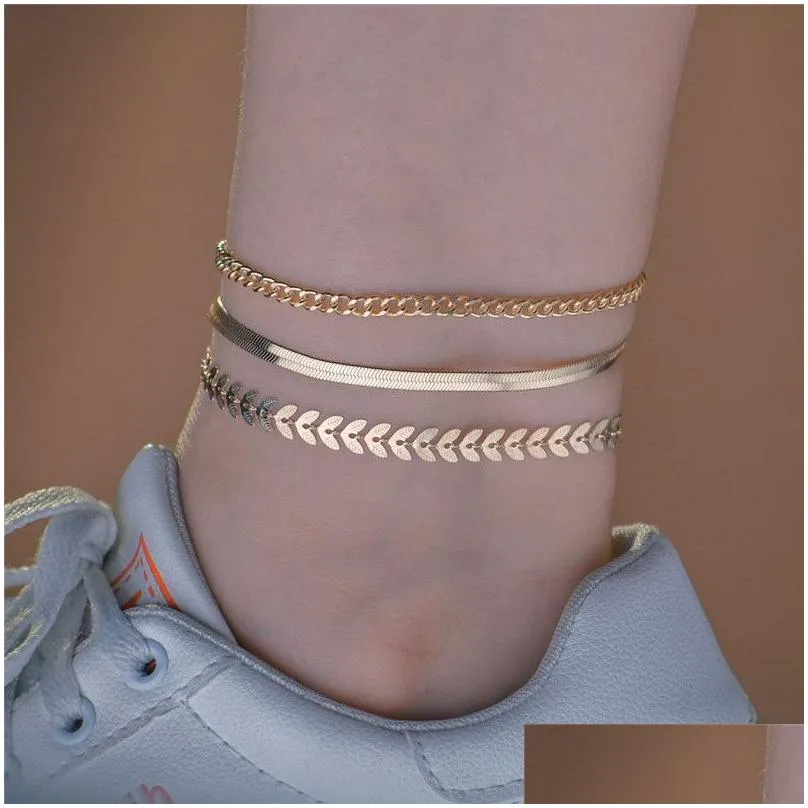 5sets/lot wholesale gold color simple chain anklets in bulk beach foot jewelry leg chain ankle bracelets women accessories