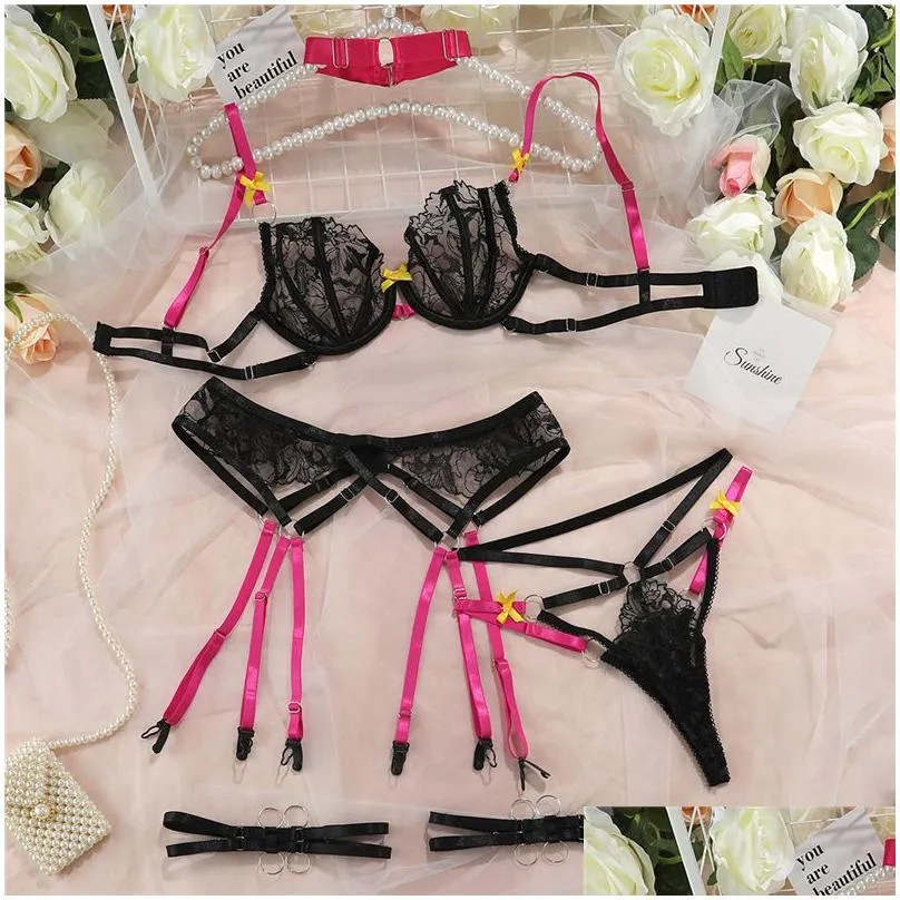 Bras Sets Womens Underwear Net Y Bras Panty Sets Ladies Cute Bra Set Lingerie Anniversary Valentines Day Drop Delivery Apparel Underw Dhj0C