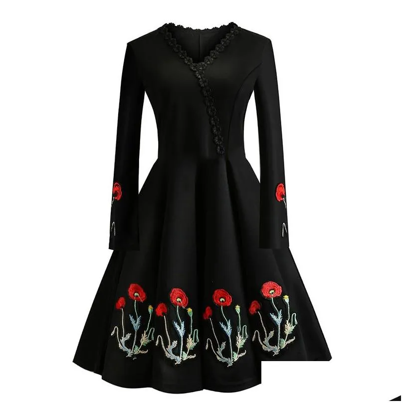 Basic & Casual Dresses 4Xl Plus Size Women Embroidery Vintage Dress Lace Black Elegant Bodycon Party Dresses Long Sleeve Casual Autum Dhpcr