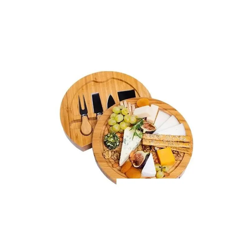 bamboo kitchen tools cheese board and knife set round charcuterie boards swivel meat platter holiday housewarming gift wholesale 522q