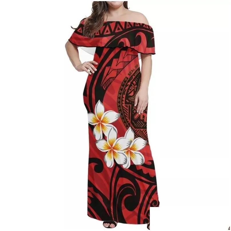 Plus Size Dresses Hycool S-7Xl Samoan Red Dress Tight Off Shoder Tribal Print Women Party Hawaii Bodycon Maxi Wedding Drop Delivery Dhhjh