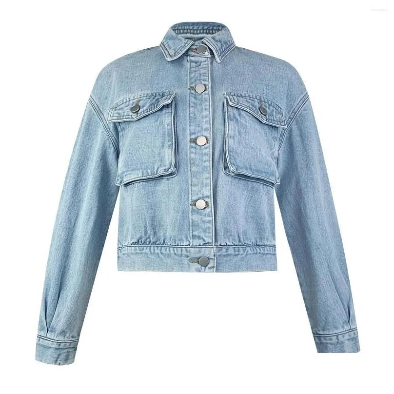 Women`S Jackets Womens Jackets Female Short Denim Coat Casual Long Sleeve Single Breasted Coats Drop Shoder Pocket Jacket Women Crop T Dhkl3