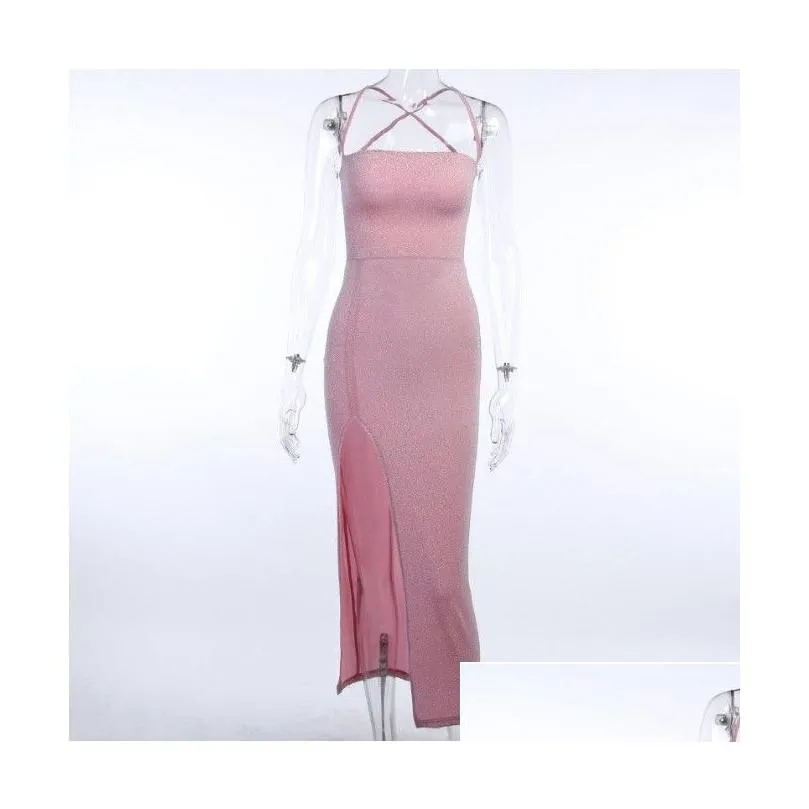 Basic & Casual Dresses Hirigin Glitter Pink Lace Up Open Back High Split Maxi Dress 2021 Fashion Summer Club Bodycon Dresses Woman Dr Dhgqh