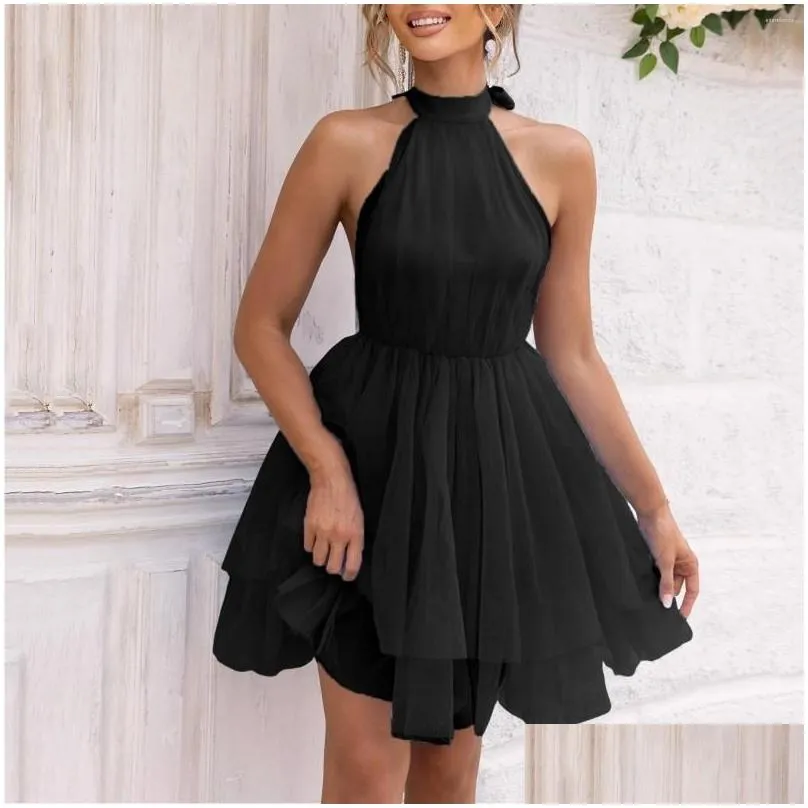 Basic & Casual Dresses Casual Dresses Ruffle Flare Layered Short Dress Women Y2K Fairy Halter Backless Mini Sleeveless Y Open Back V Dh6Vc