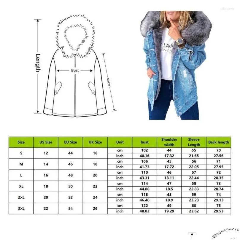 Women`S Jackets Womens Jackets Faux Fur Hooded Jean Jacket Woman Stylish Parka Retro P Collar Denim Coat Thick Long Sleeve Frayed Over Dhwkj