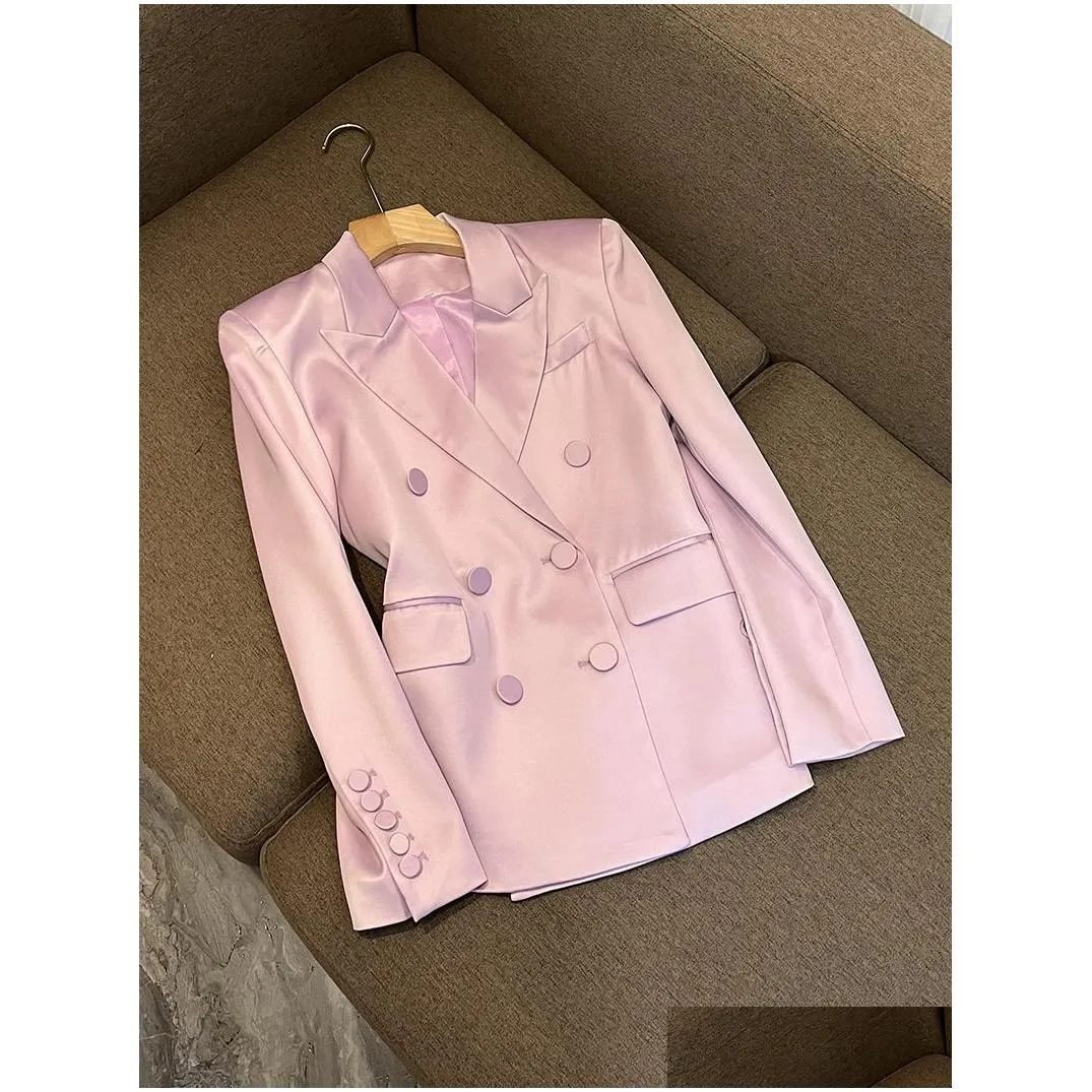 Two Piece Dress 2023 Pink / Green Color Two Piece Dress Sets Long Sleeve Notched-Lapel Single-Breasted Blazers Top High Waist Short S Dhod0