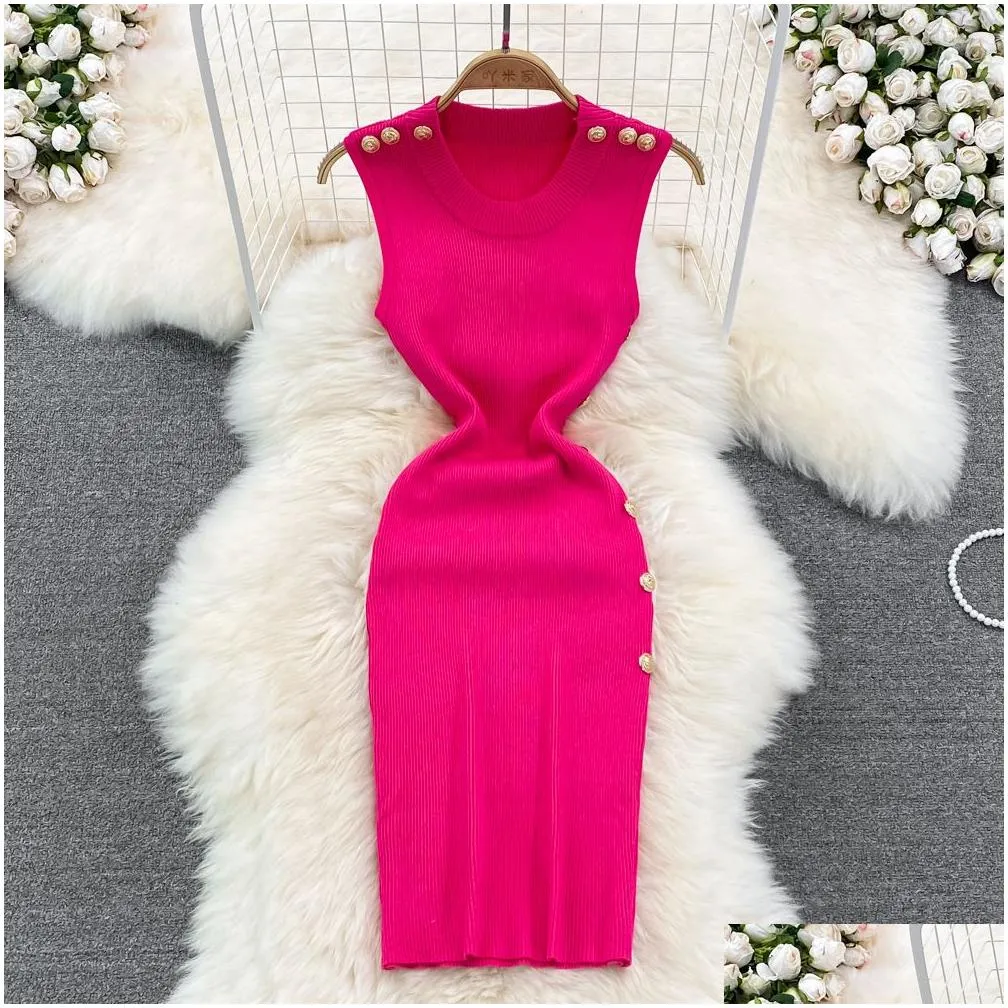 Basic & Casual Dresses New Fashion Womens O-Neck Sleeveless Buttons Ed Knitted Bodycon Tunic Short Dress Solid Color Tank Drop Delive Dhy42