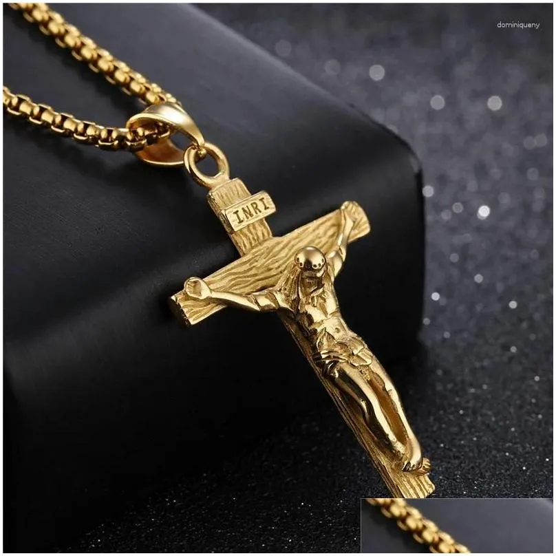 Pendant Necklaces Kotik Cross Inri Crucifix Jesus Piece Necklace Gold Color Stainless Steel Men Chain Christian Jewelry Drop Delivery Dhskk