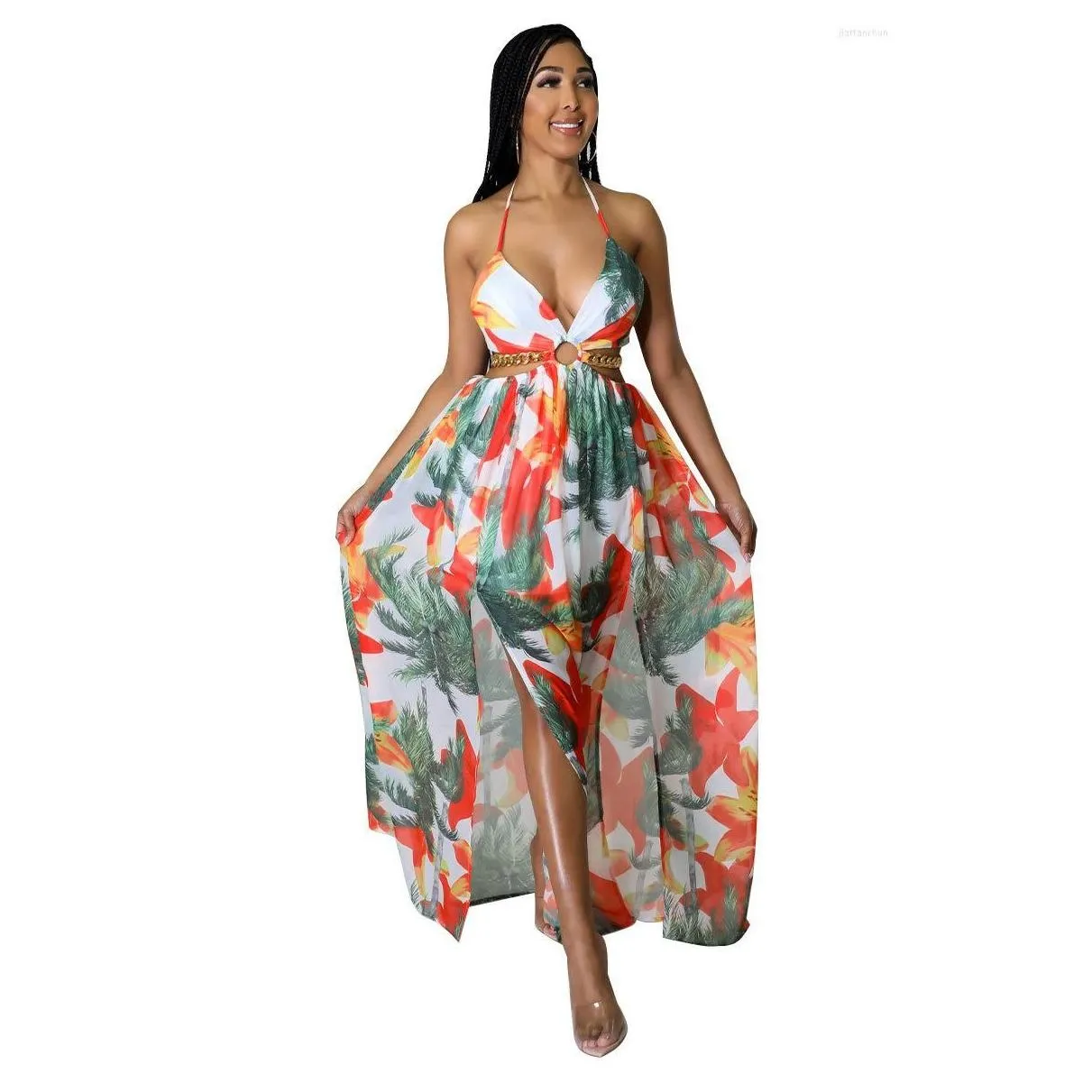 Basic & Casual Dresses Casual Dresses Floral Print Boho Maxi For Women 2022 Summer Halter Backless High Split Holiday Dress Y Cut Out Dhgwl