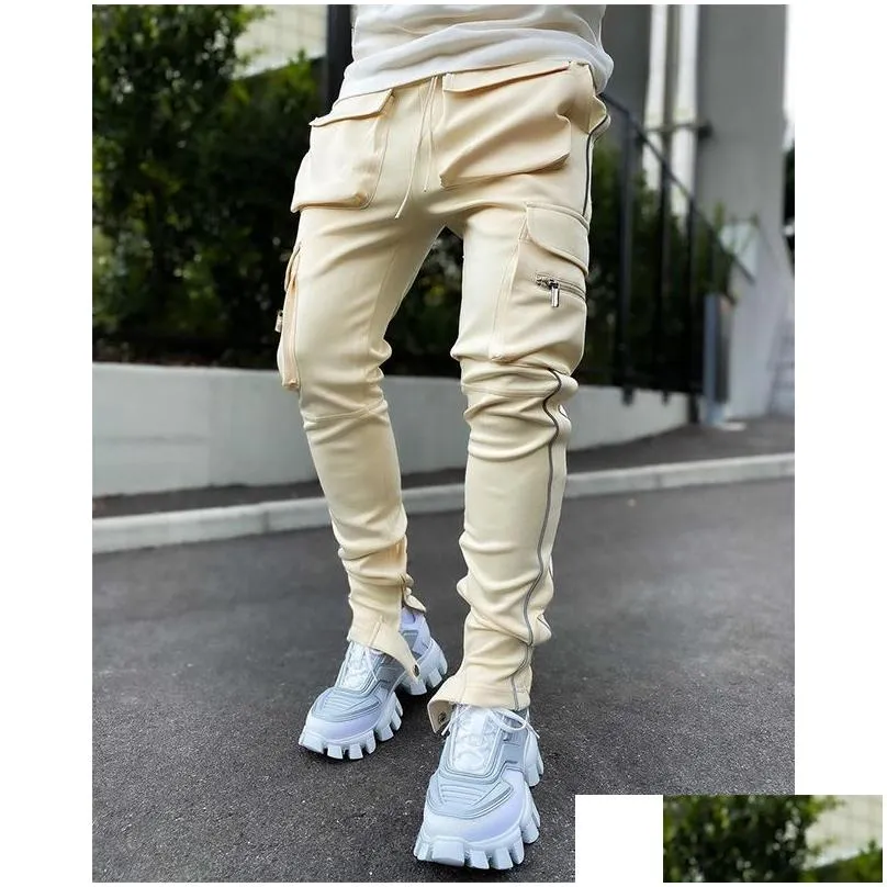 Men`S Pants Godlikeu Cargo Pants Spring And Autumn Mens Stretch Mti-Pocket Reflective Straight Sports Fitness Casual Trousers Joggers Dhx6H