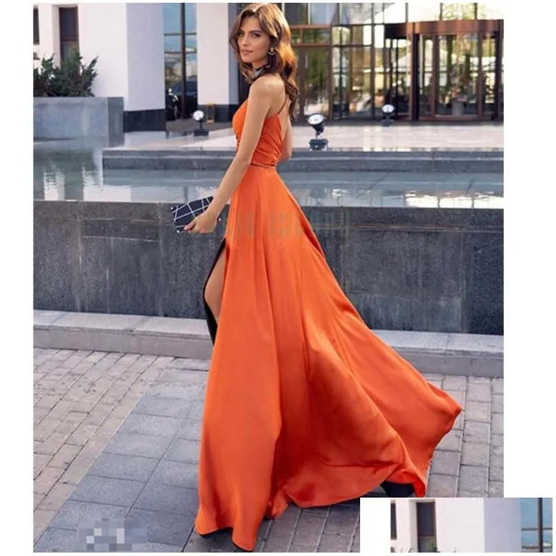 Basic & Casual Dresses Casual Dresses Top Quality Women Y Halter Backless Orange Beading Split Maxi Long Bodycon Dress 2022 Designer Dhdqm