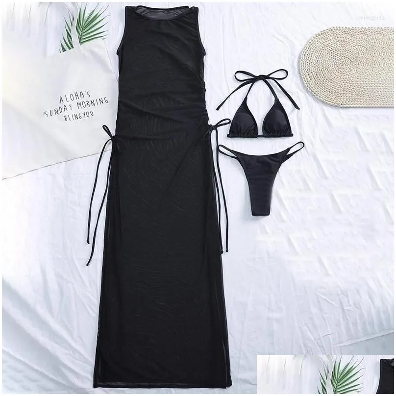 Women`S Swimwear Womens Swimwear Black 3 Pieces Set High Neck Female Swimsuit Er-Ups For Women Skirts Bikini Halter Triangle Bathing Dhw1R