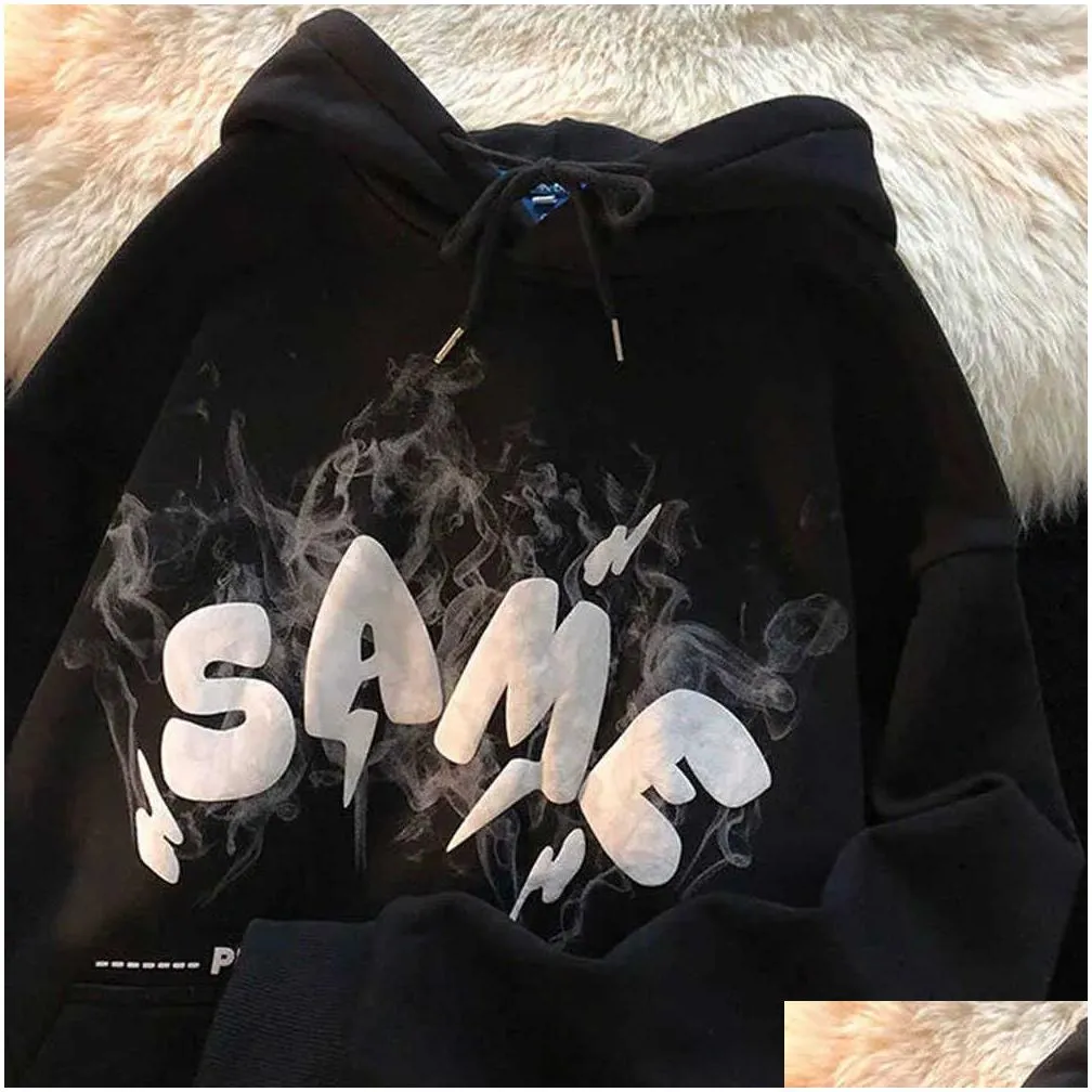 Men`S Hoodies & Sweatshirts Autumn Winter Women Fleece Thicken Hoodies Sweatshirt Y2K Small Horns Hooded New Smoke Mist Print Pair Ho Dhkxz