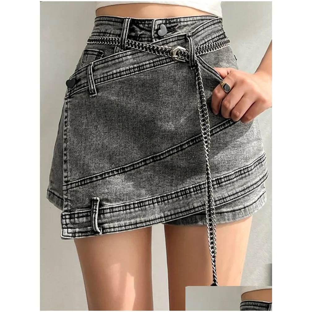 Skirts Deat Fashion Women S Denim Skirt High Waist Irregar Chain Spliced Gray Above Knee Female Summer 2023 17A1443 230316 Drop Deliv Dhbtz