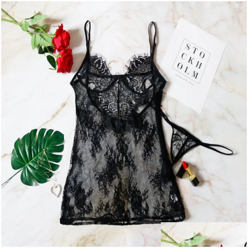 Basic & Casual Dresses Y Perspective Black Lace Dresses Women Summer Backless Spaghetti Strap Dress Night Club Party Wear With Thong Dhwca