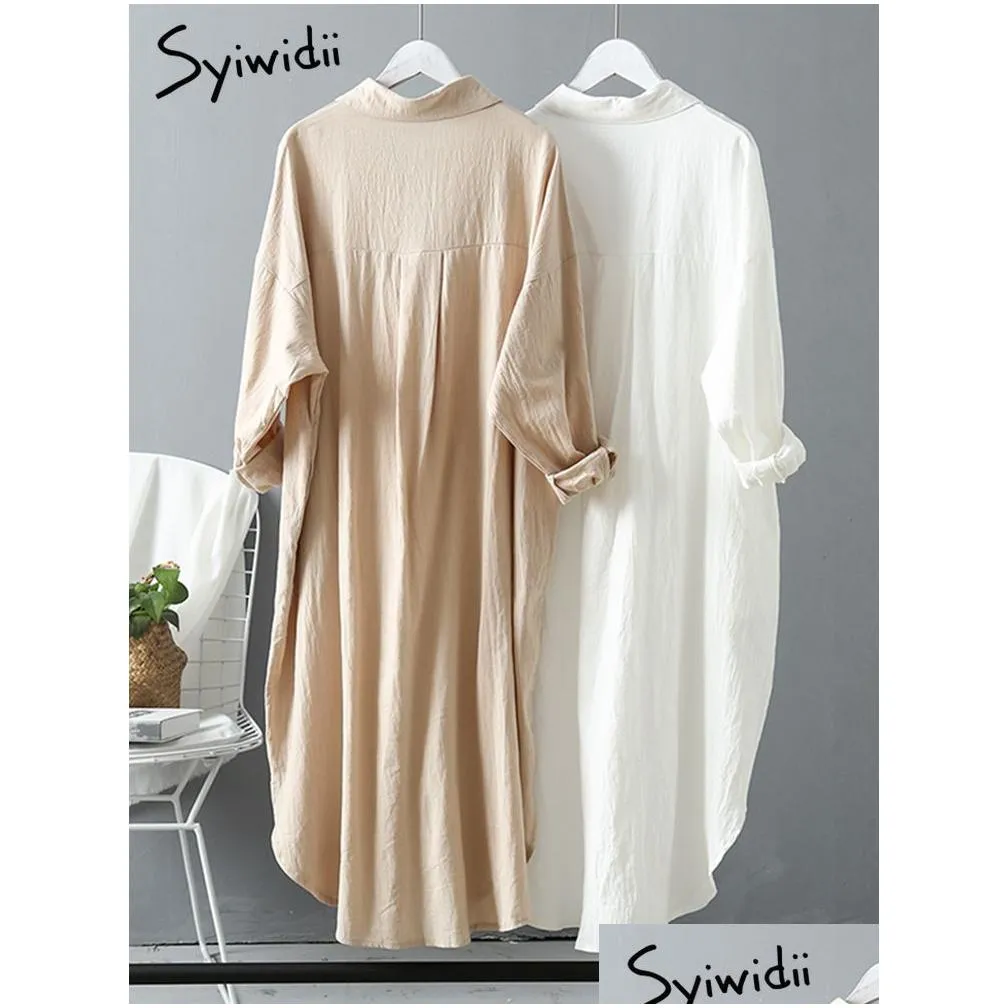 Basic & Casual Dresses Syiwidii White Shirt Dress For Women Linen Cotton Clothing Spring Summer Casual Vintage Oversized Pure Long Mi Dhwto