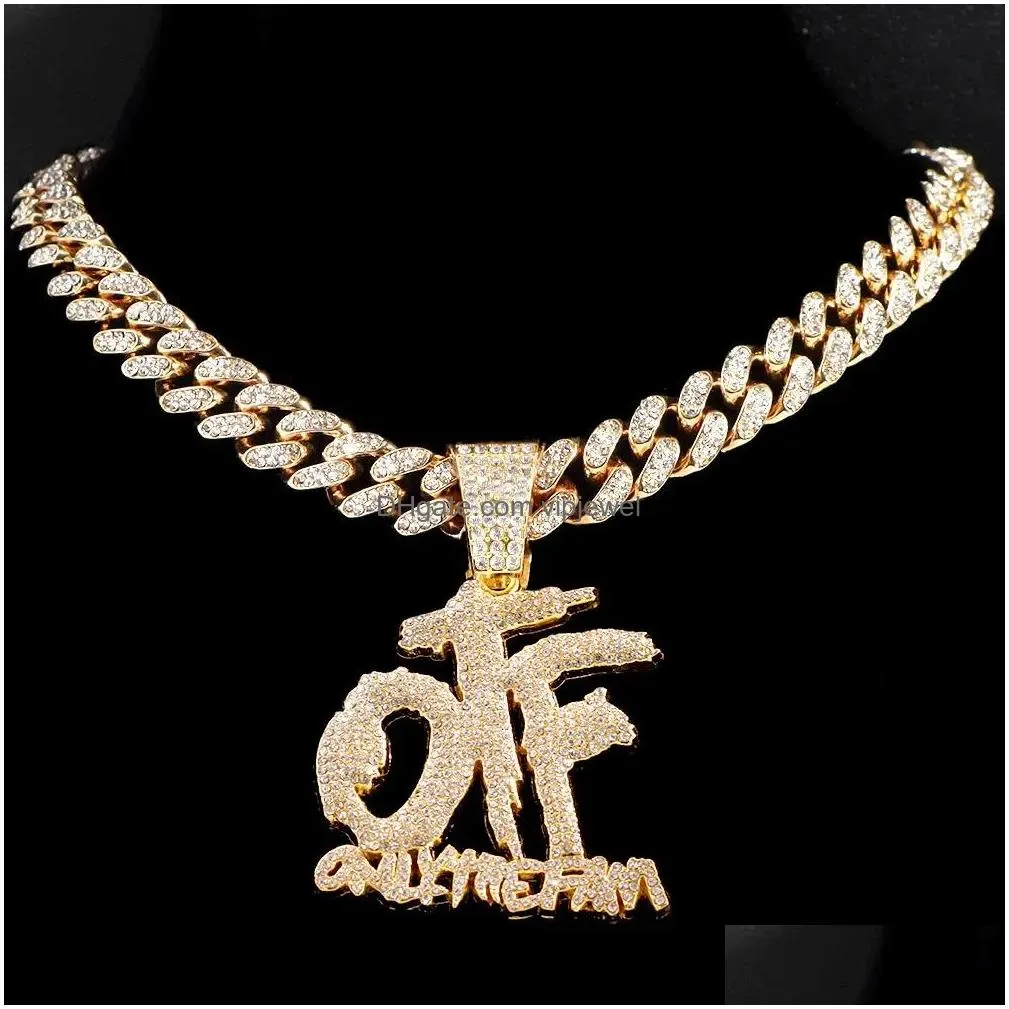 jewelry hip hop only the family otf crystal letter pendant necklaces for women men  iced out cuban chain necklace punk jewelry