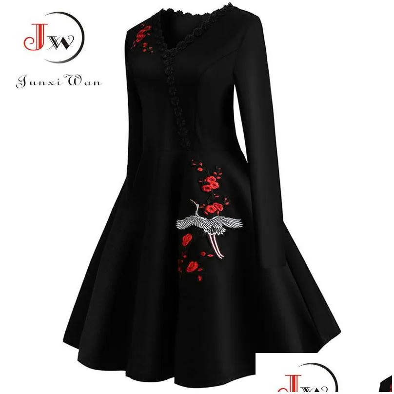 Basic & Casual Dresses 4Xl Plus Size Women Embroidery Vintage Dress Lace Black Elegant Bodycon Party Dresses Long Sleeve Casual Autum Dhpcr