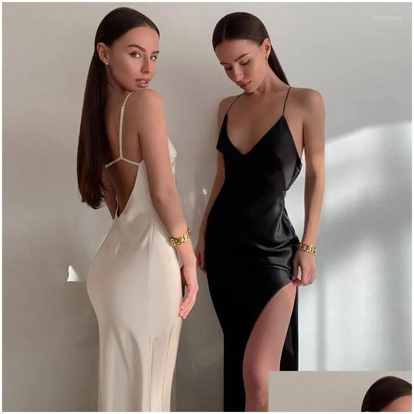 Basic & Casual Dresses Casual Dresses Summer Backless Maxi Dress Y Midi Long Women Spaghetti Straps High Split Solid Satin Sundress V Dhgva