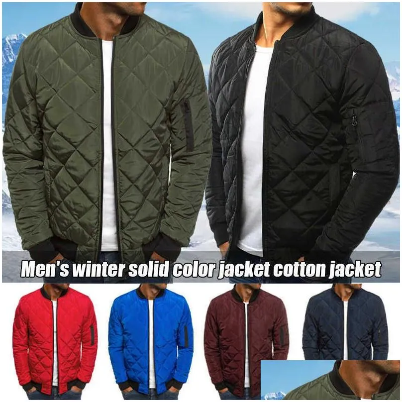 Men`S Jackets Mens Jackets Men Quilted Padded Jacket Casual Zip Up Winter Warm Bomber Plaid Stand-Up Coat Windproof Outwear Drop Deliv Dhulw