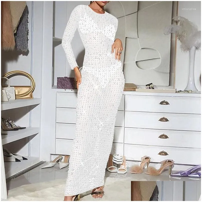 Basic & Casual Dresses Casual Dresses Sparkly Crystal Rhinestone Bodycon Maxi Dress Women Wedding Evening Mesh See Through Night Part Dhzxb