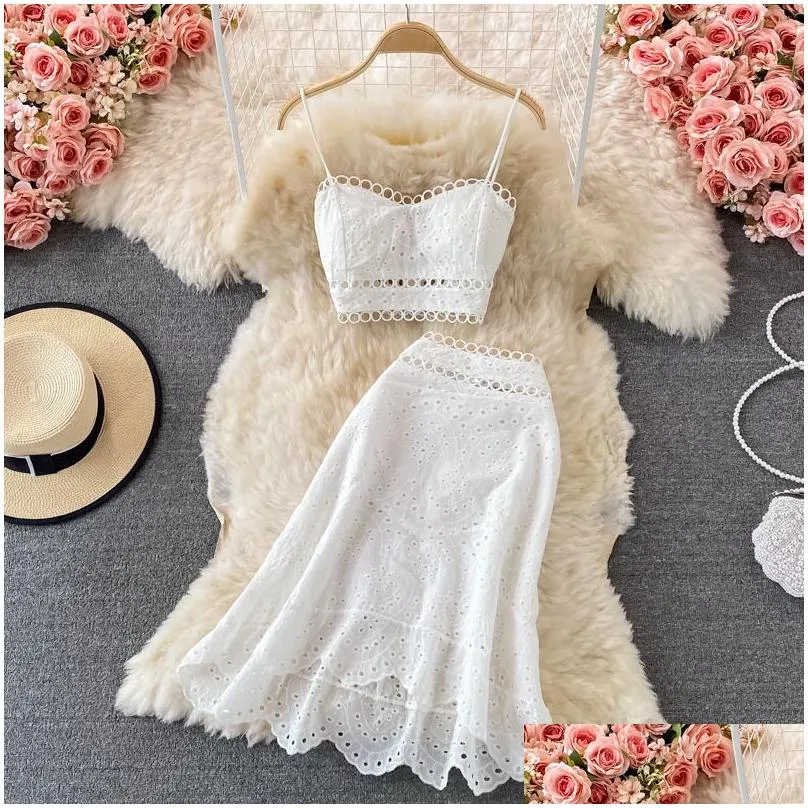 Two Piece Dress Womens Summer Beach Holiday Padded Spaghetti Strapp Vest And High Waist Mermaid Skirt Twinset 2 Pc Dress Suit Ml Drop Dh3R7