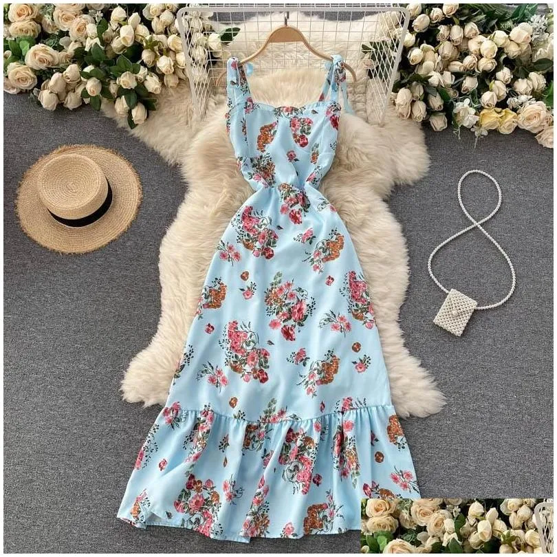 Basic & Casual Dresses Casual Dresses Summer Elegant Black Women Floral Tie Dress 2023 Print Tube Top Mid-Length Ruffle Y Strap Femal Dhsxd