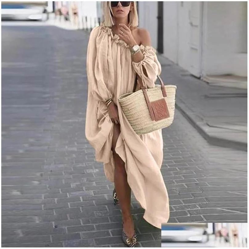 Basic & Casual Dresses Casual Dresses Women Clothes Autumn Boho Plus Size Off The Shoder Vintage Dress Loose Maxi Robes Vestidos Drop Dhpcc