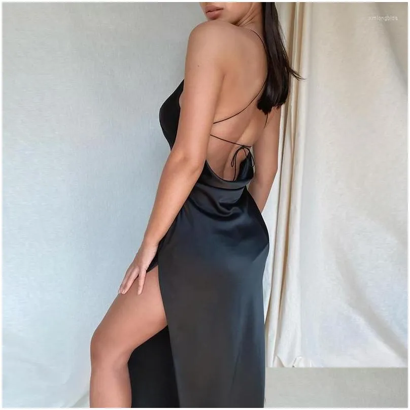 Basic & Casual Dresses Casual Dresses Summer Backless Maxi Dress Y Midi Long Women Spaghetti Straps High Split Solid Satin Sundress V Dhgva